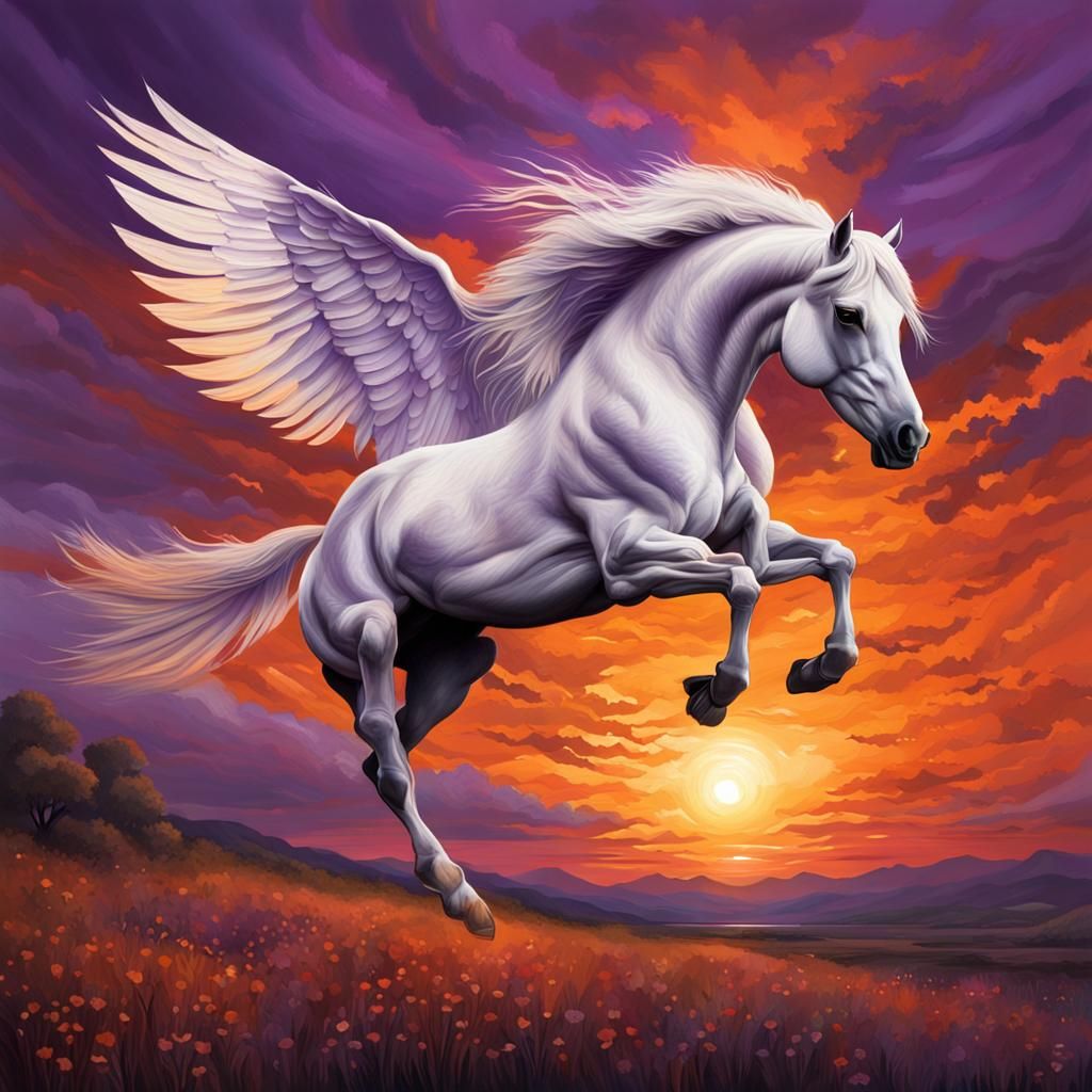 Winged White Horse Flies into Dramatic Sunset