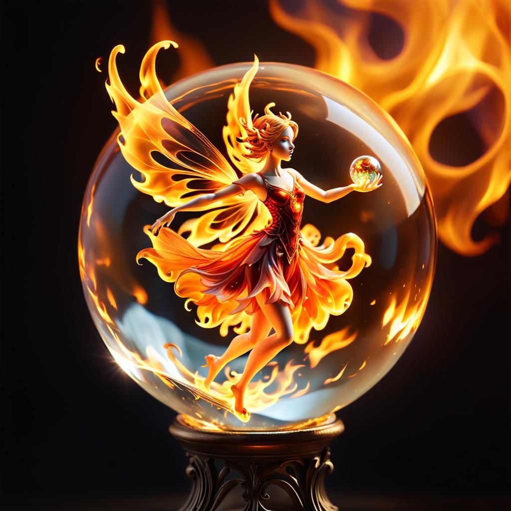 Fiery Fairy Dances Within Crystal Ball: Surreal Digital Art