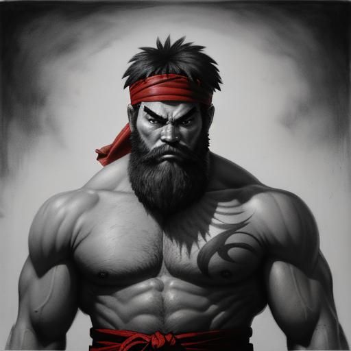 Hyperdetailed Charcoal Drawing of Street Fighter's Ryu