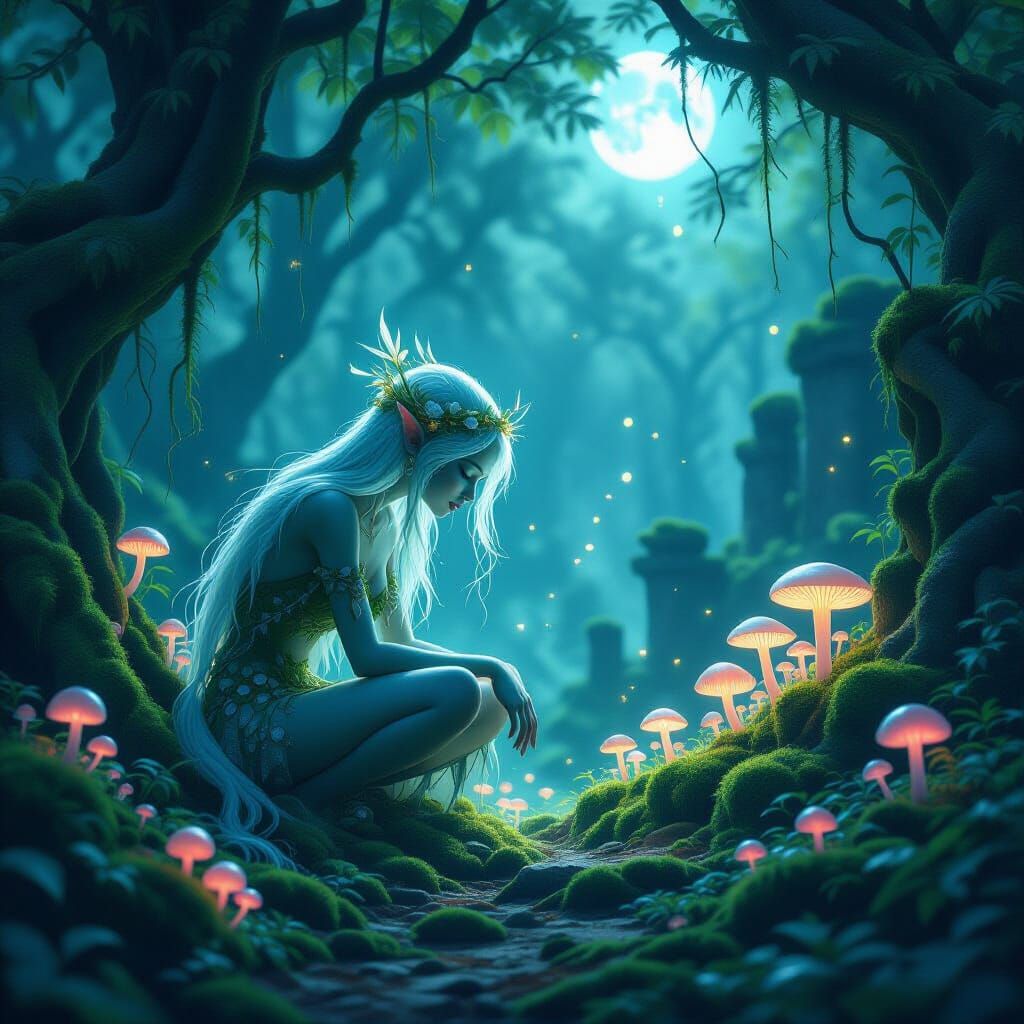 Ethereal Forest Spirit Tending Bioluminescent Grove