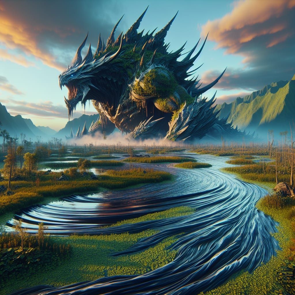 Epic Fantasy Landscape with Colossal Swamp Monster