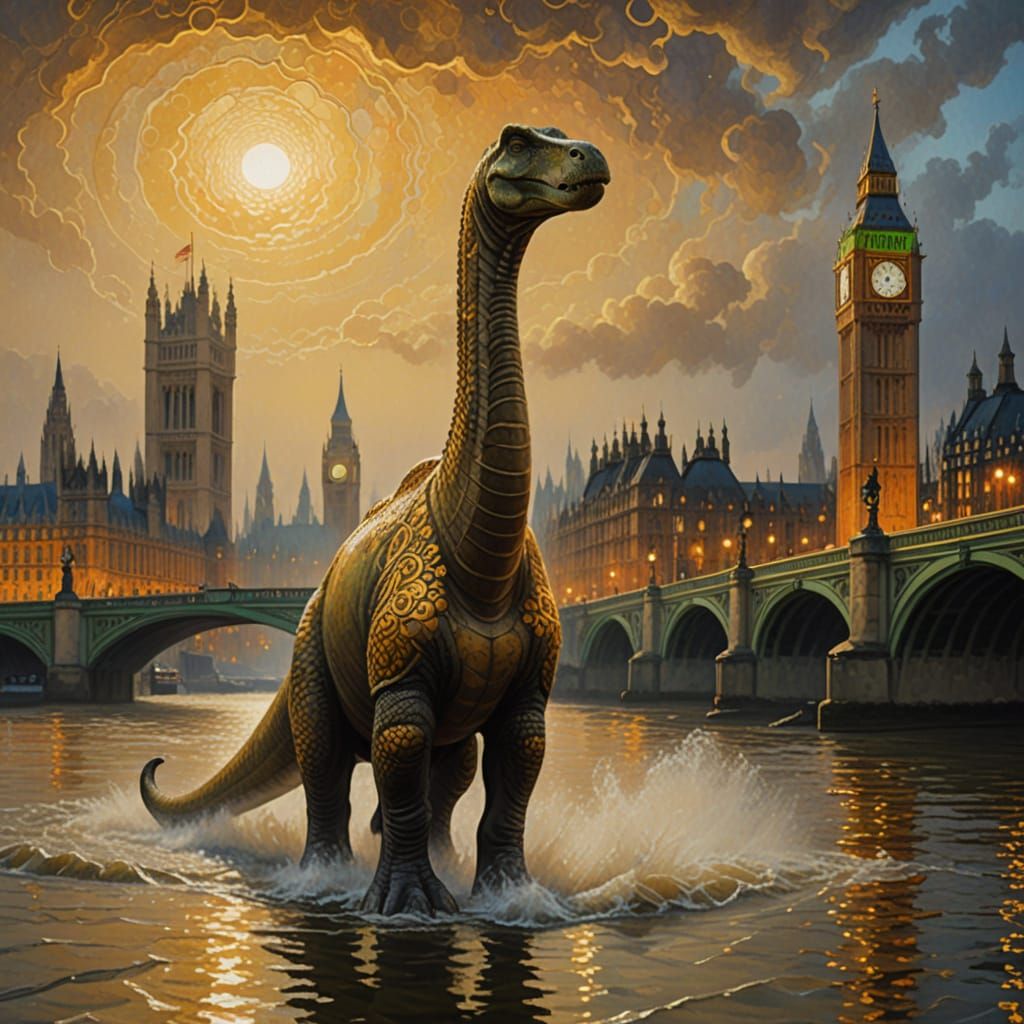 Brontosaurus in Thames: Impressionist Golden Landscape