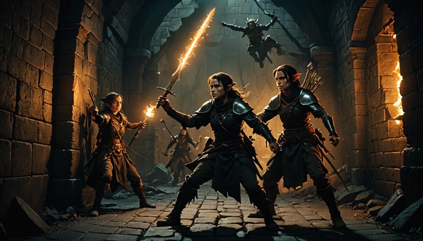 Halfling, Elf, and Swordsman in Dark Fantasy Scene