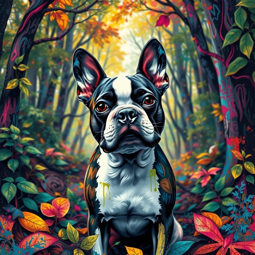 Boston Terrier in Vibrant Street Art Landscape