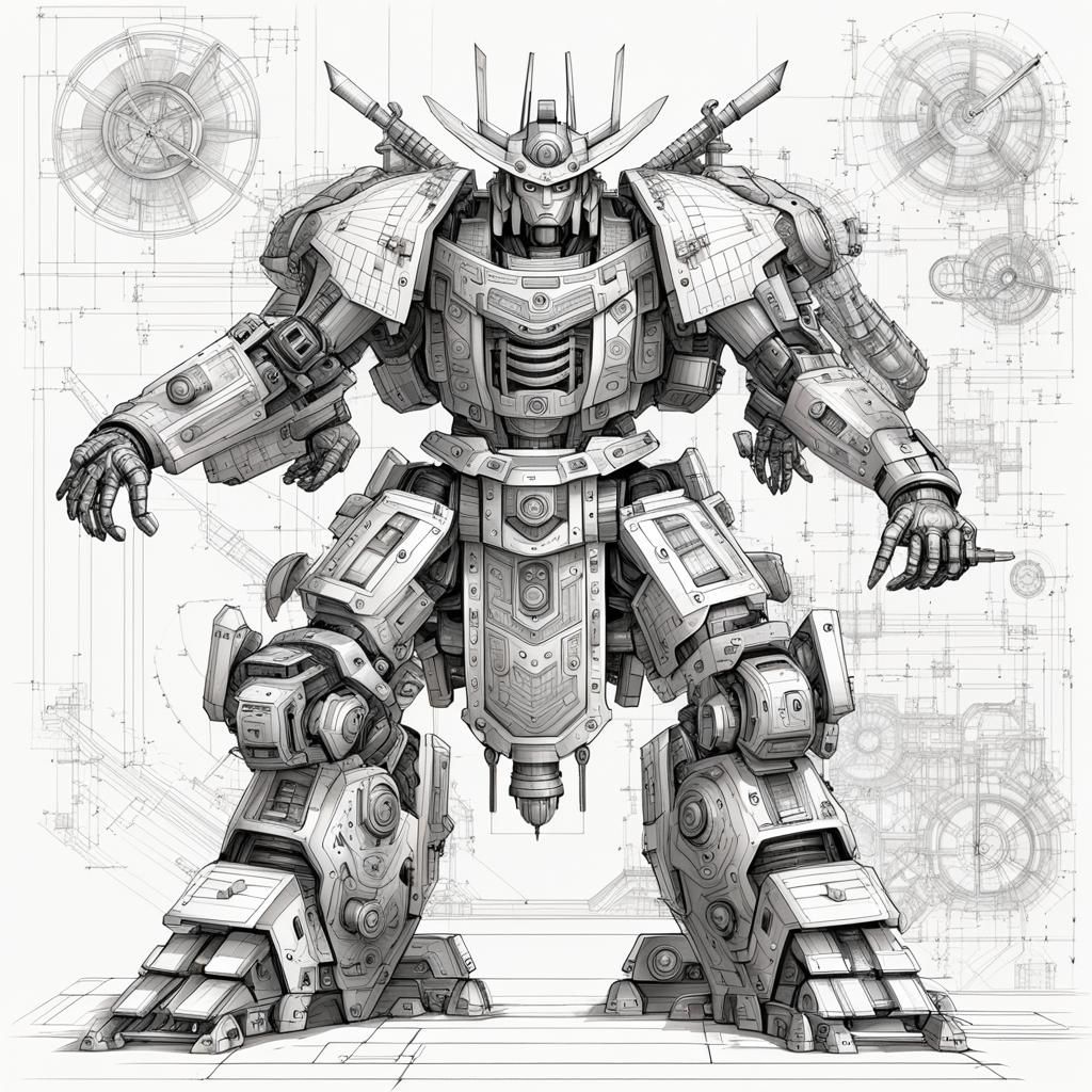 Samurai Mecha Robot Schematic Drawing