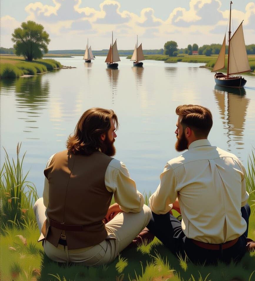 Gay Couple by River with Sailing Boats