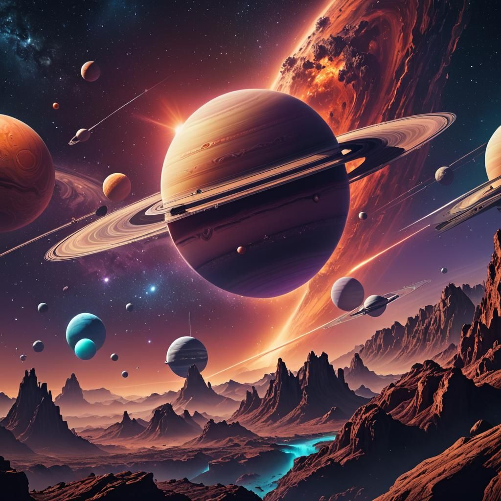 Retro Saturn Space Poster Artwork in Detailed Matte Style