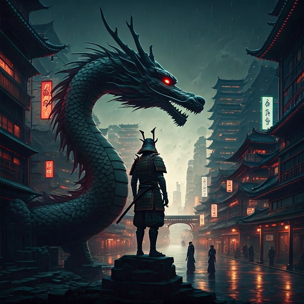 Cyberpunk Samurai on Stone Dragon Metropolis
