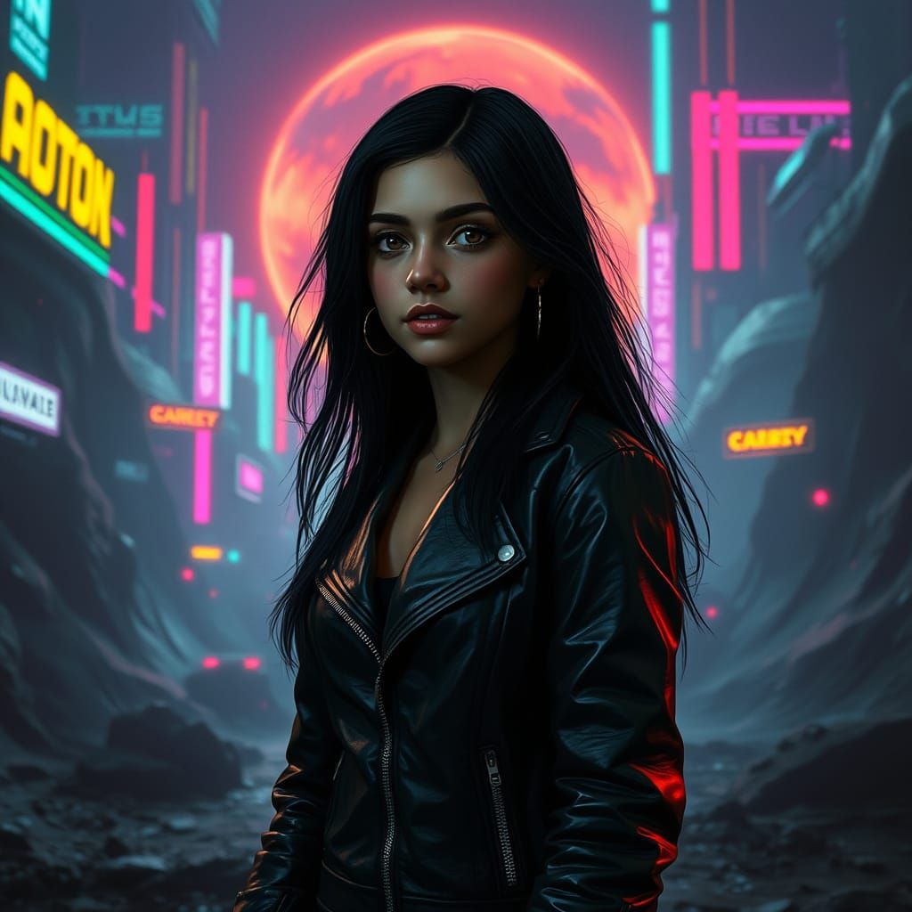 Teen in Cyberpunk Cityscape with Dramatic Lighting