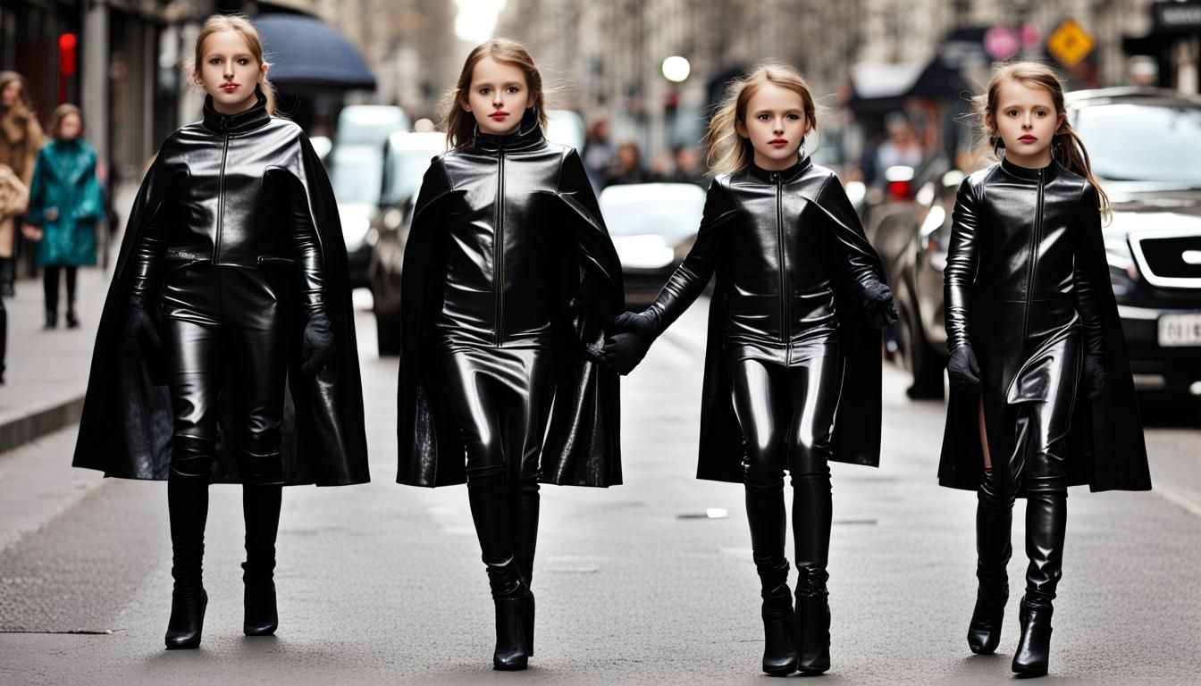 Women in Leather Outfits with Children on Street