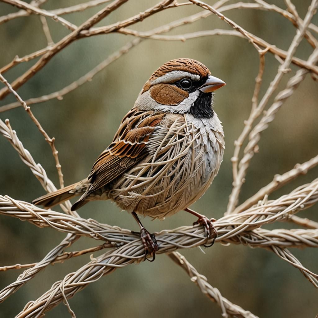 Sparrow and Branch: Intricate String Art in Earth Tones