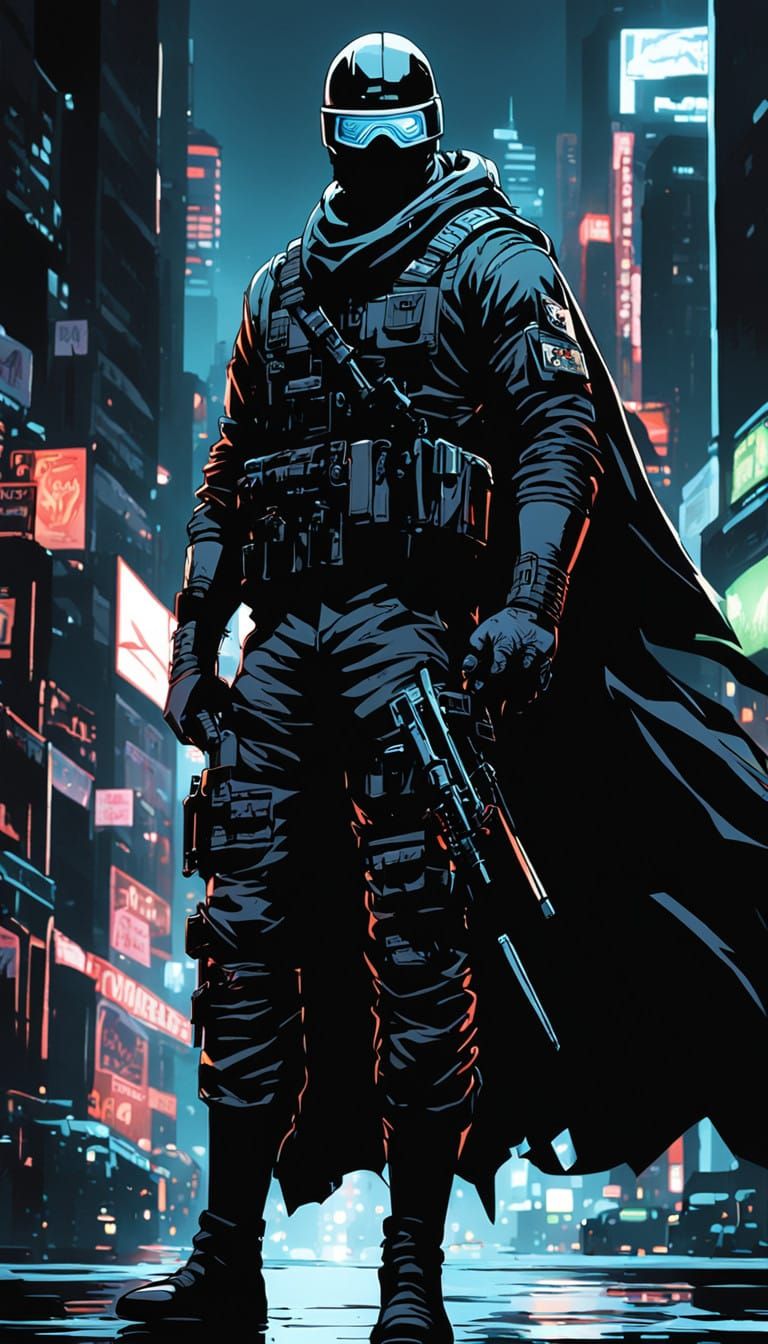 Shadows of a Covert Ops Ninja in Neon-Lit City