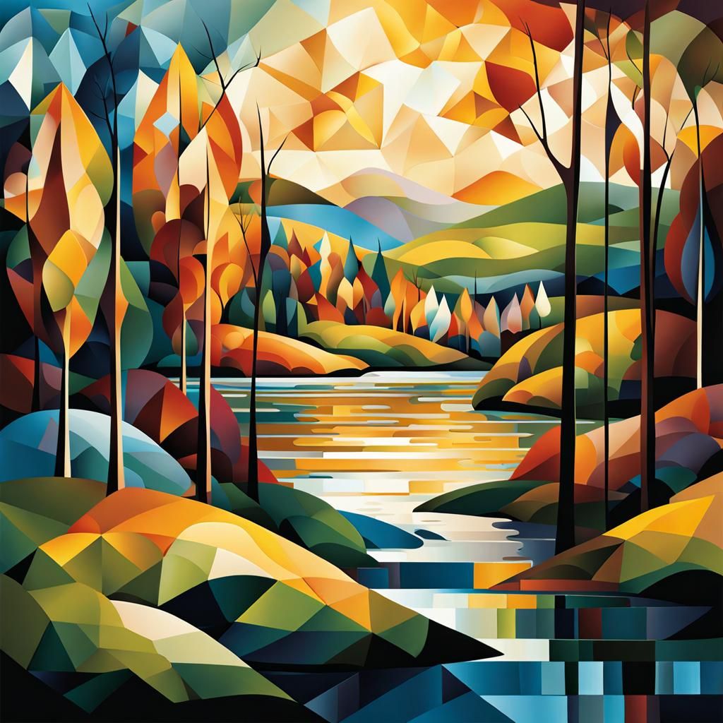 Geometric Scandinavian Riverscape in Cubist Vector Art