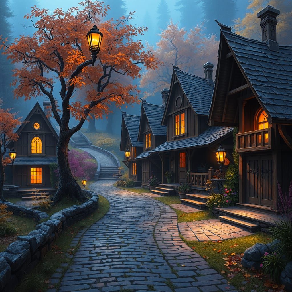 Enchanted Autumn Village in Dark Fantasy Concept Art