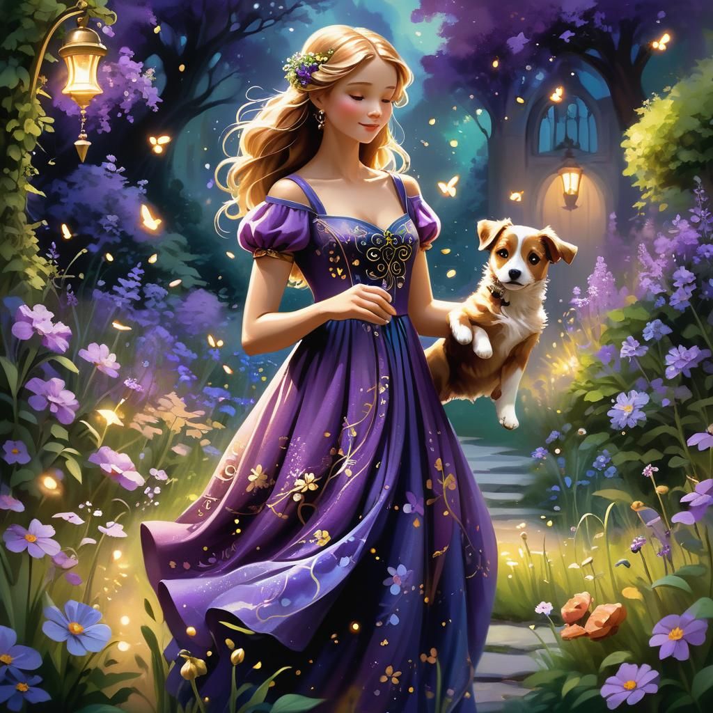 Bell in Purple Dress with Puppy: Fantasy Concept Art