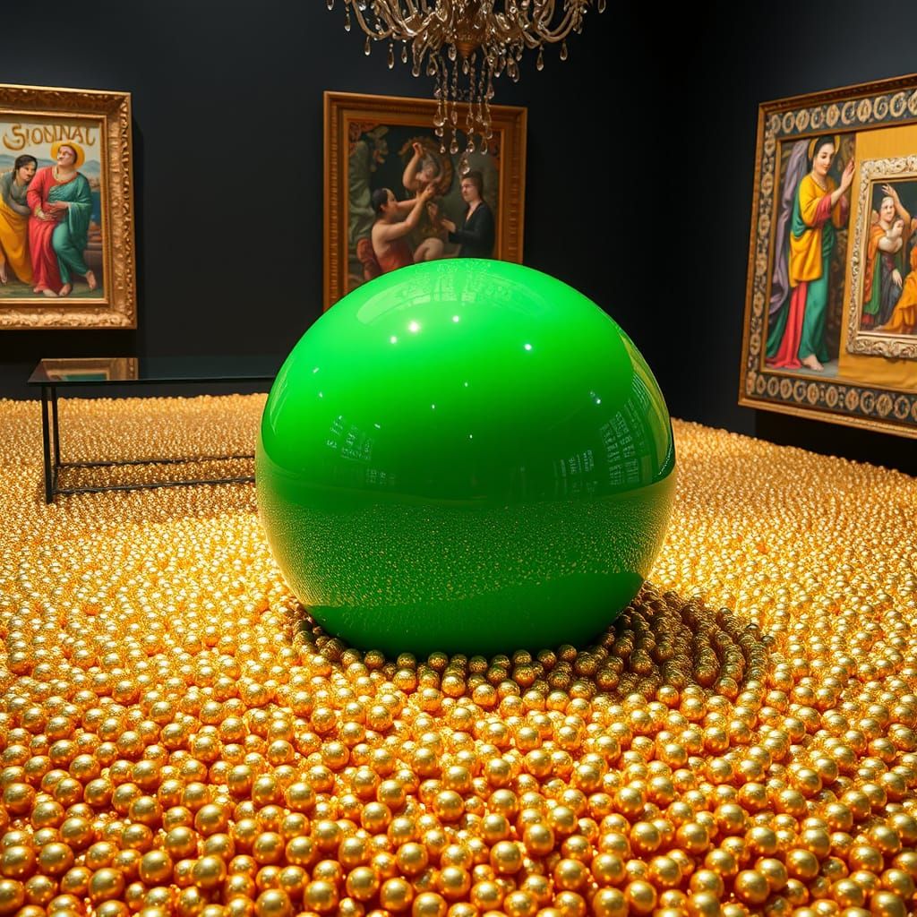Green Sphere on Gold Sand Reflecting Art