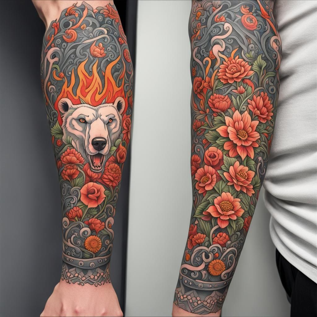 Ornamental Slavic Tattoo Sleeve with Polar Bear