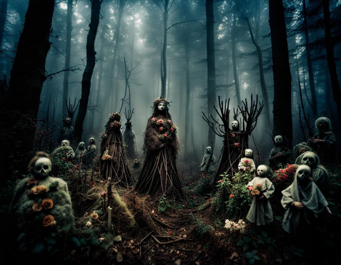Horrific Ritual Circle in Foggy Forest Clearing