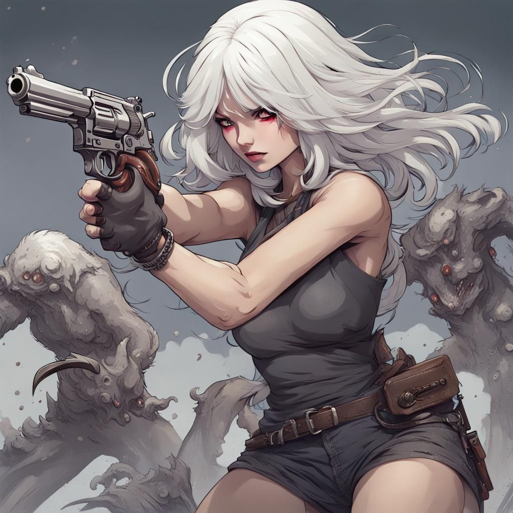 White-Haired Girl Fighting Monsters with Revolver