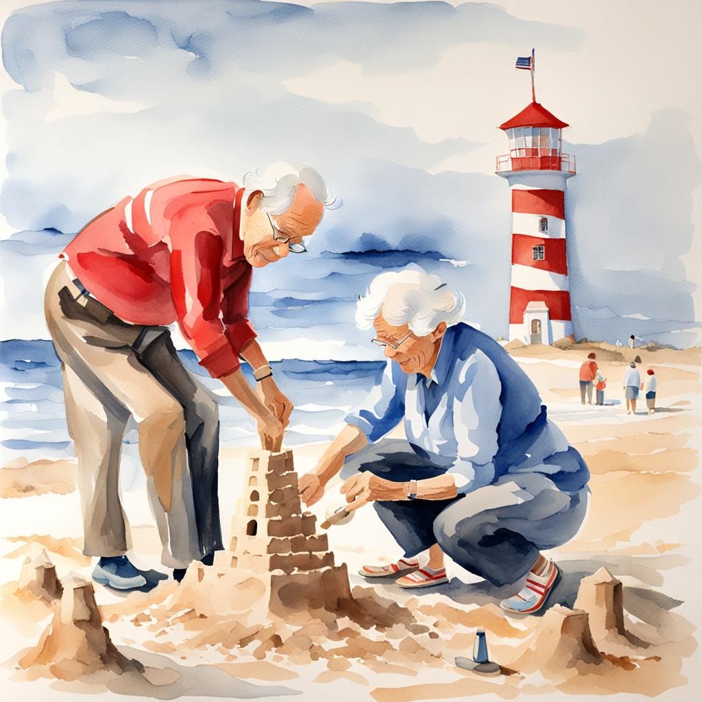 Elderly Couple Build Sandcastle: Watercolor Painting