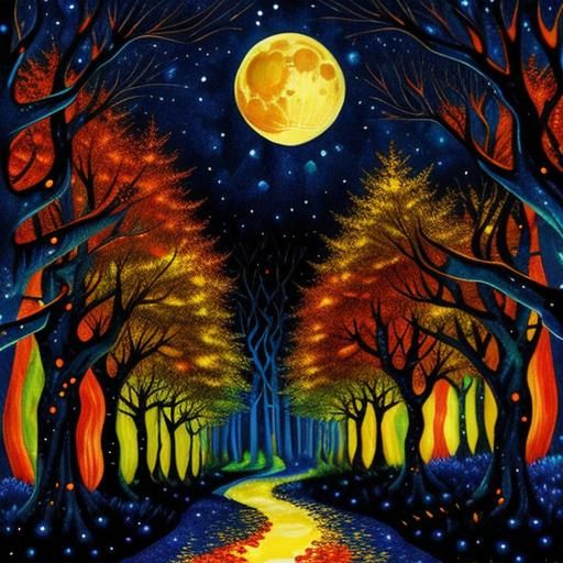 Moonlit Arabesque Forest Trees in Alcohol Ink Style