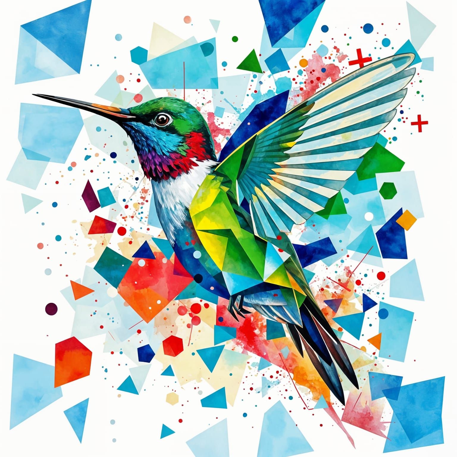 Abstract Hummingbird in Watercolor Cubism