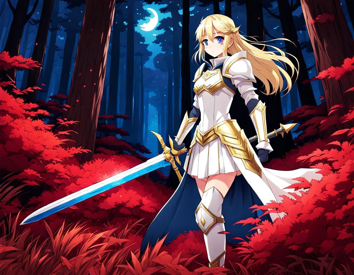 Teenage Paladin Walks Through Crimson Forest in Anime Art