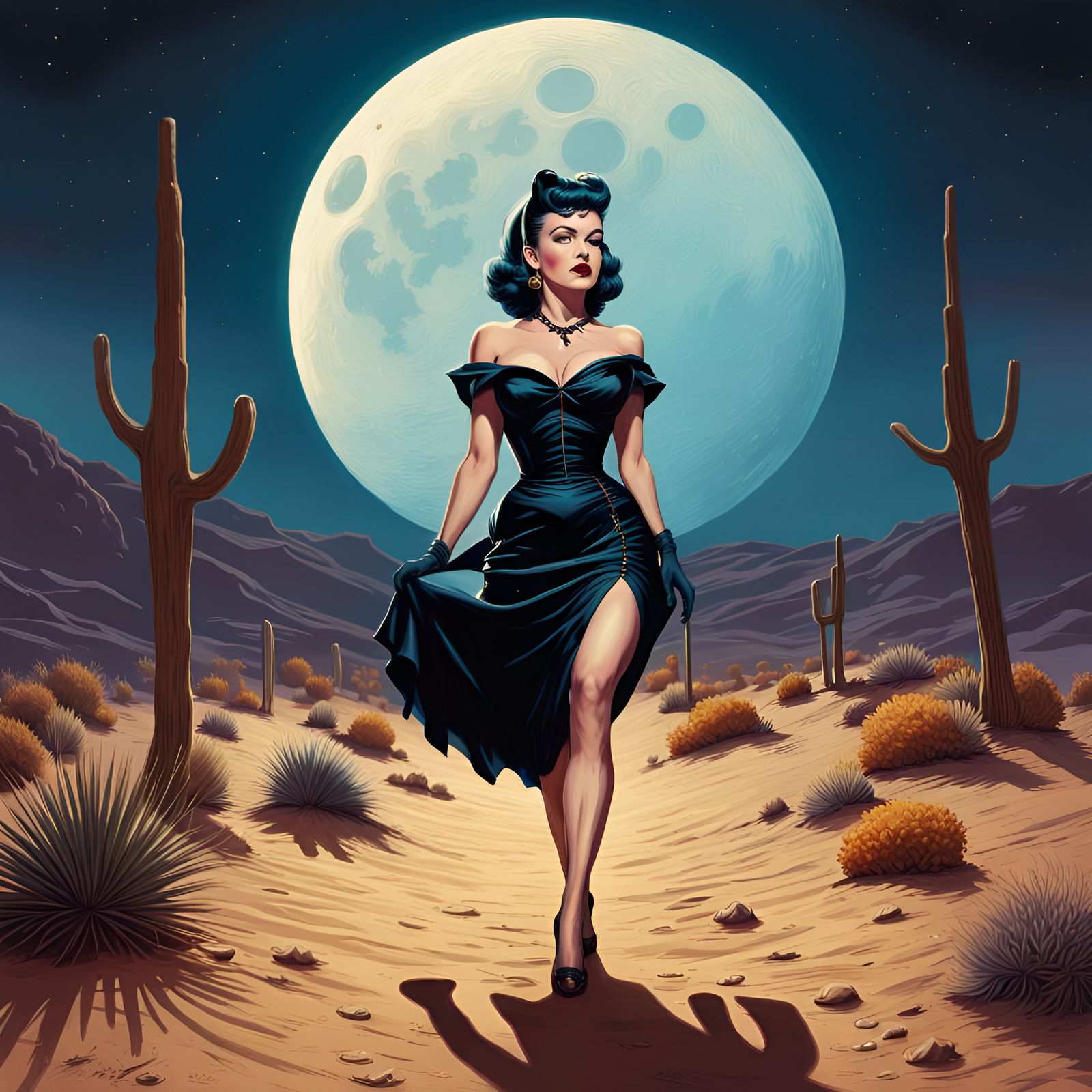 Gothic Pinup Walks Desert on Halloween Night