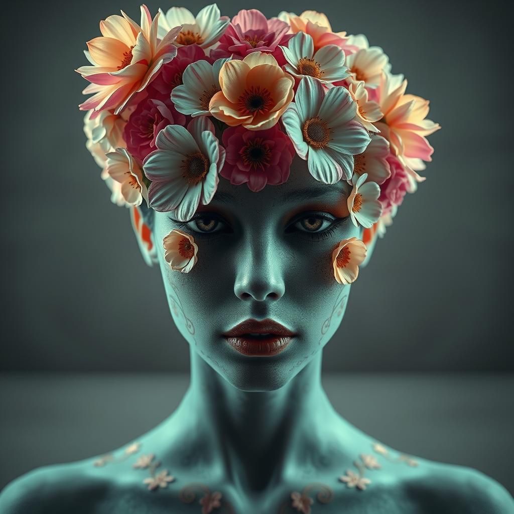 Floral Cyberpunk Head Portrait with Delicate Patterns