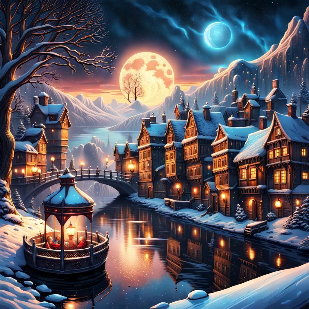 Steampunk City Winter Riverscape at Night