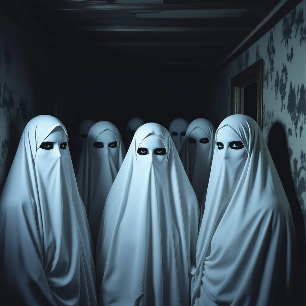 Eerie Faces in Dark House: Realistic Photography