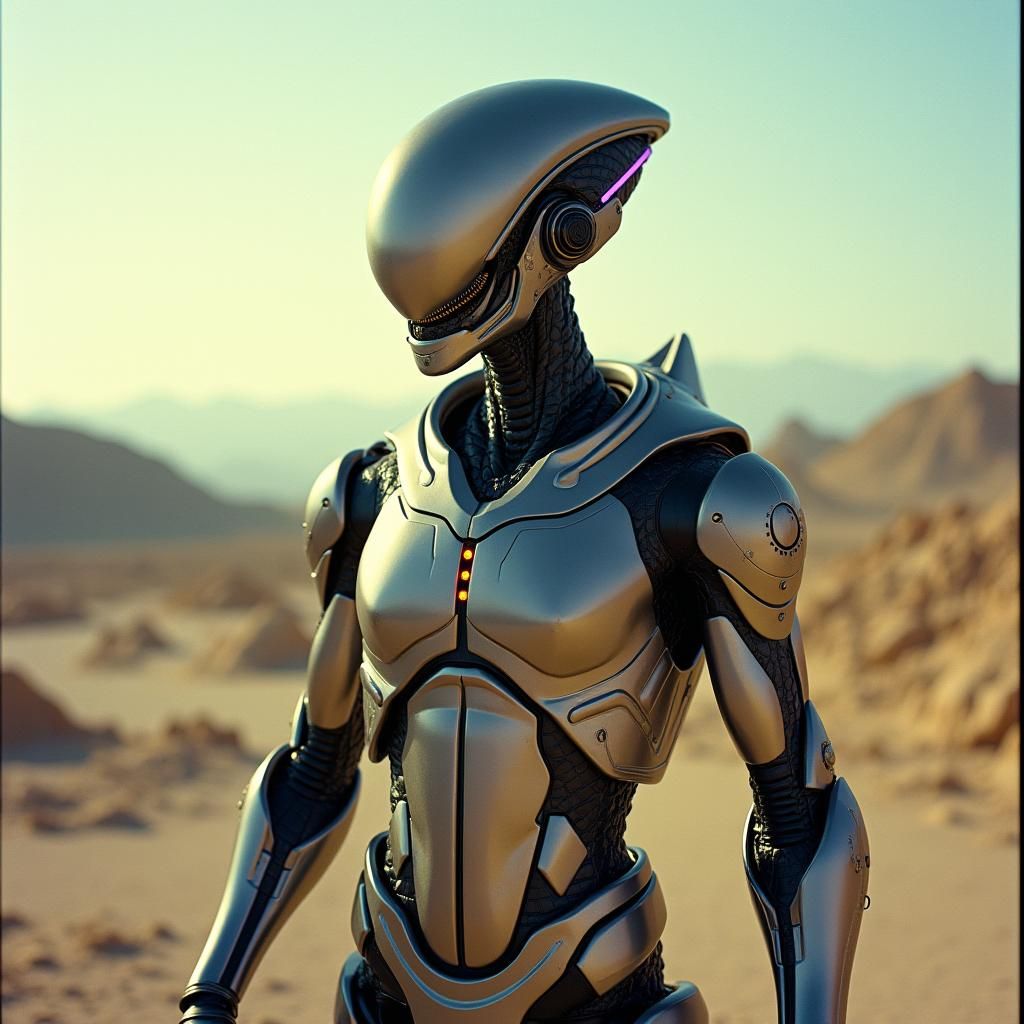 Heroic Alien Robot in Sci-Fi Landscape
