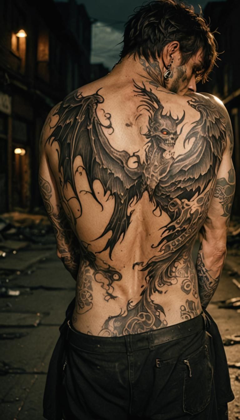 Tattooed Demon with Black Wings in Abandoned Street
