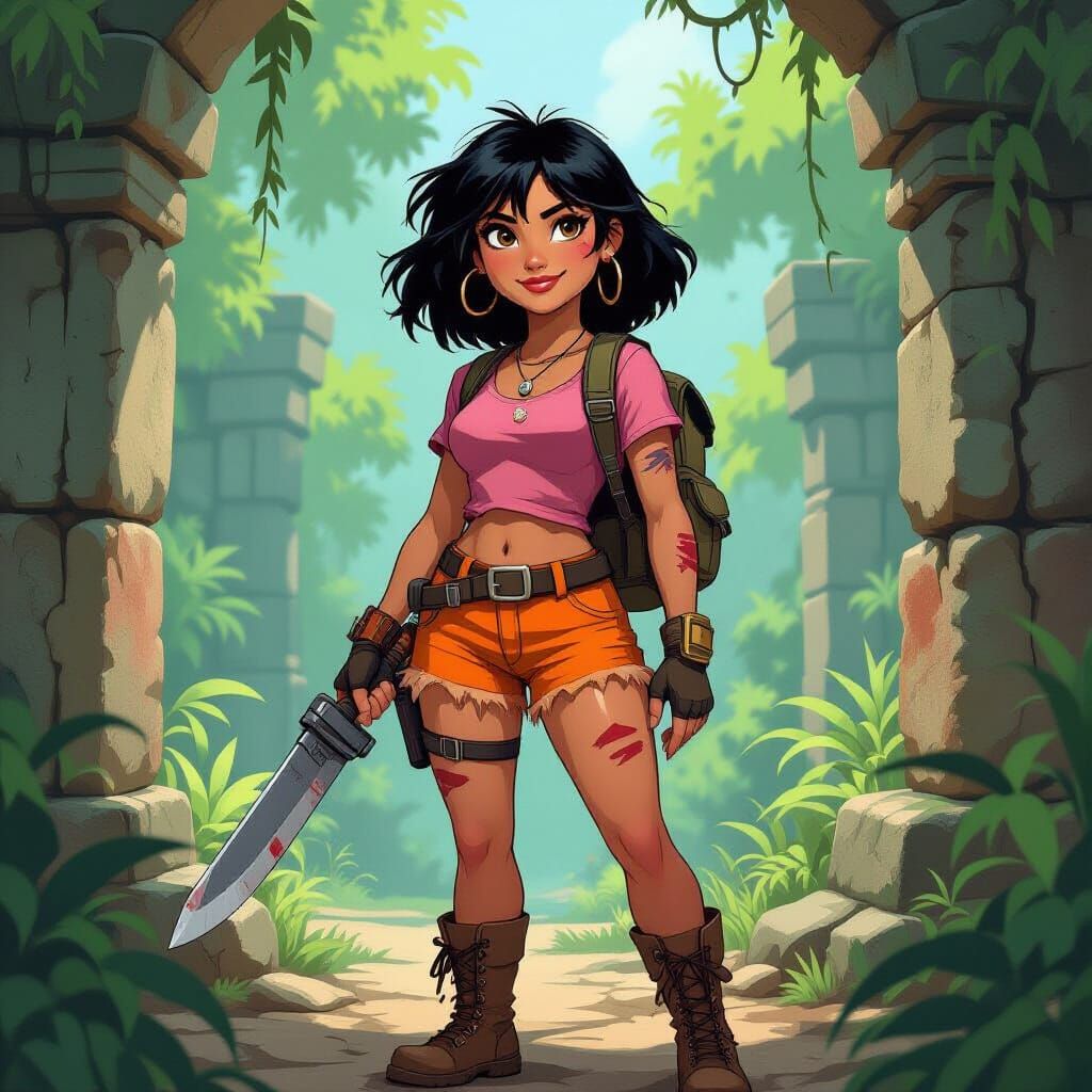 Dora the Explorer in Jungle Ruins, Realistic Style
