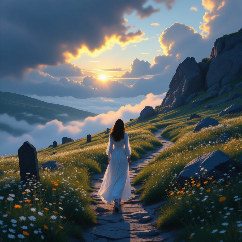 Dawn Meadow Walk: Photorealistic Cinematic Landscape