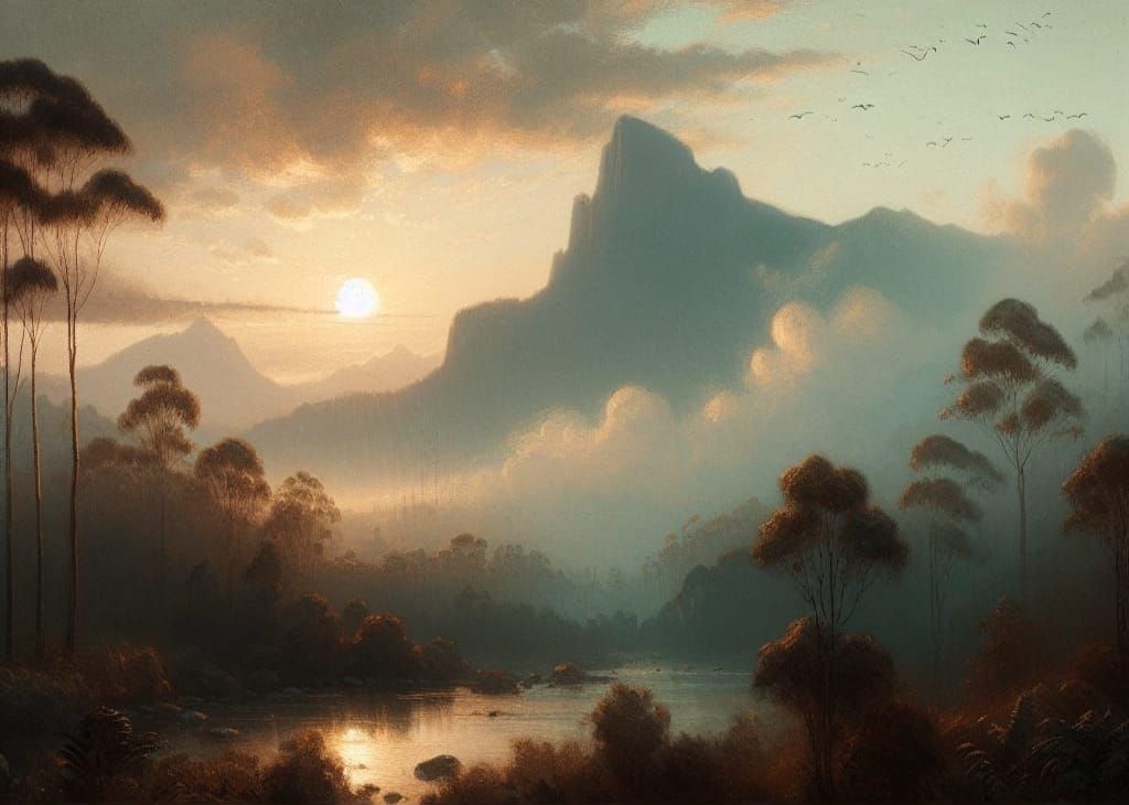 Tranquil Mountain Sunset in Australian Tonalist Style