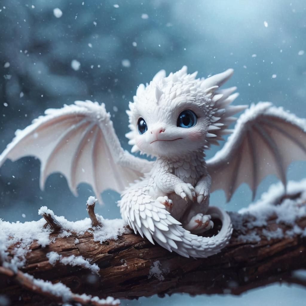 Adorable Tiny White Dragon in Snow, Anime Art