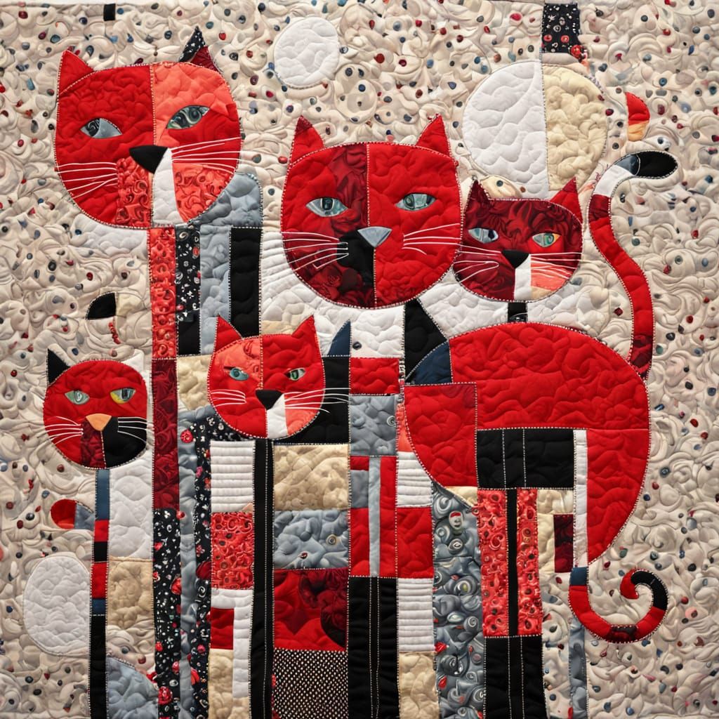 Abstract Cats in Patchwork Quilt with Red Pop