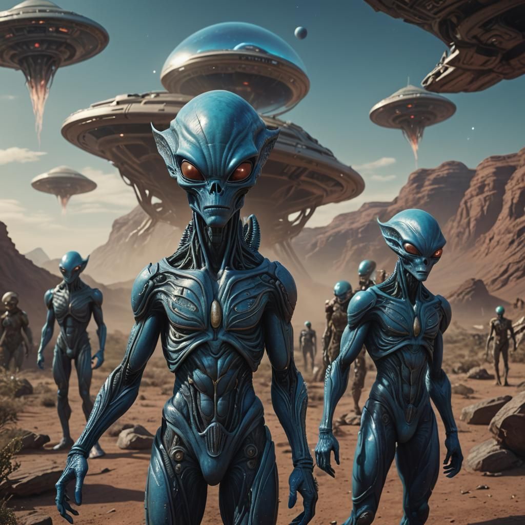 Blue-Skinned Alien Men with UFO, Detailed Concept Art