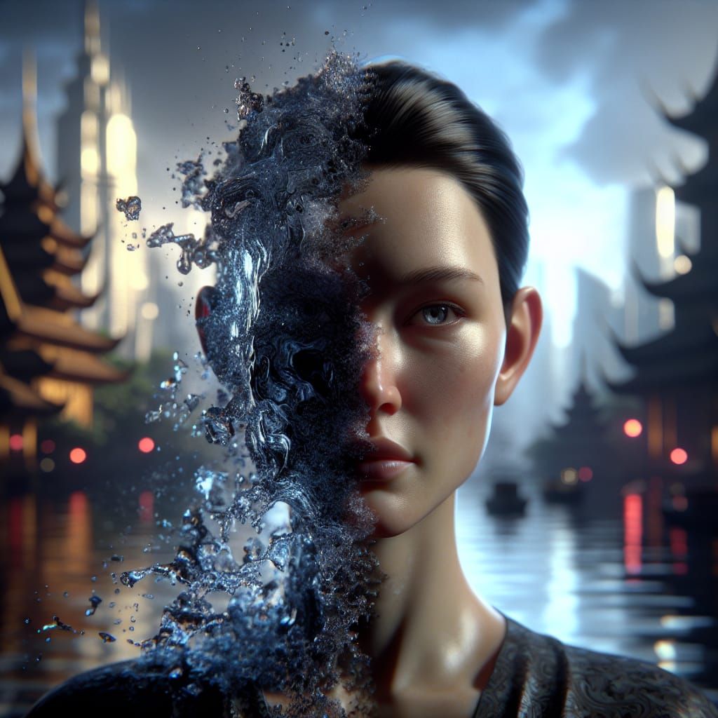 Surreal Woman Transforms into Flowing Water
