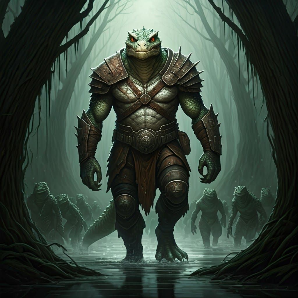 Lizard Man Leading Army Through Swamp
