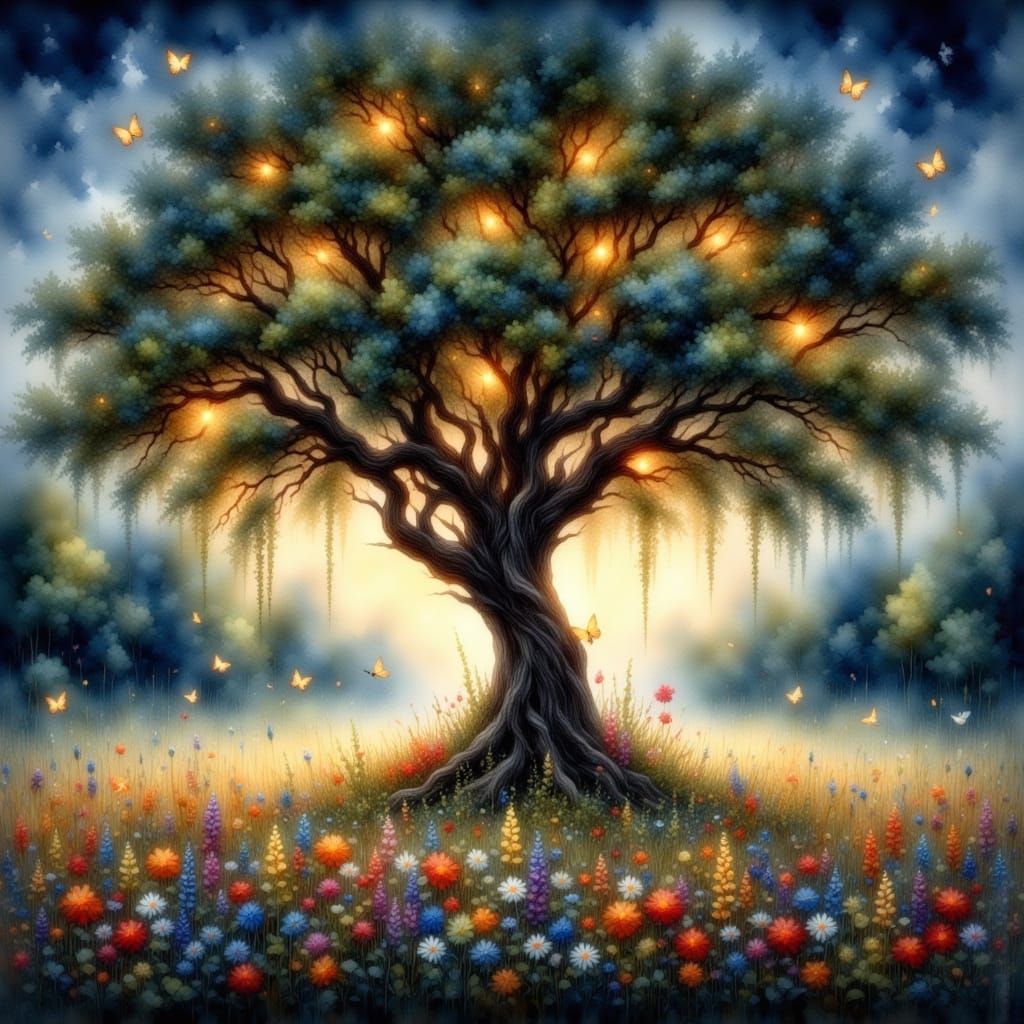 Glowing Oak Tree in Wildflower Meadow