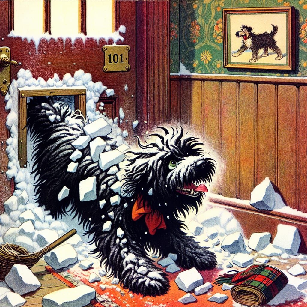 Joyful Dog Squeezes Through Doggie Door in Humorous Scene