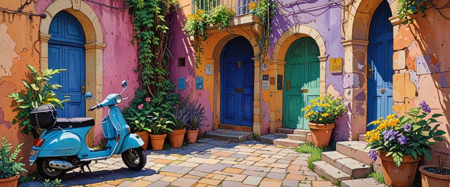 Lively Alleyway with Vespa in Comic Book Style