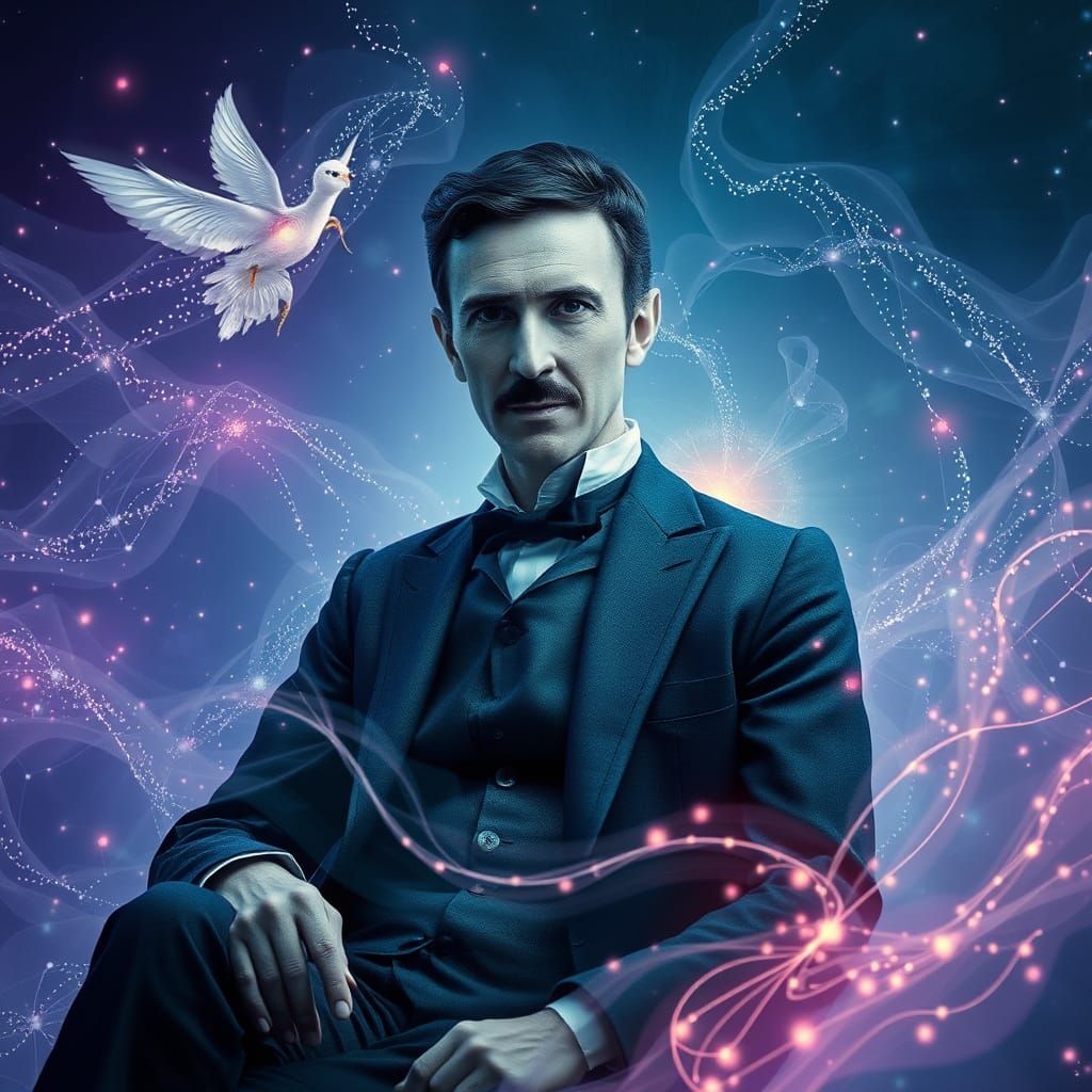 Tesla in Ethereal Splendor, a Dreamlike Portrait in Iridesce...
