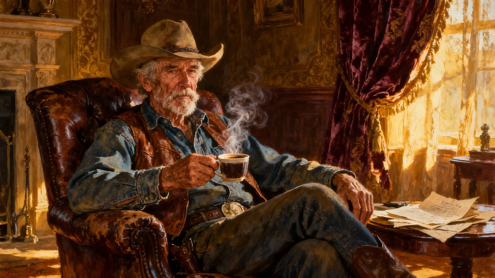 Elderly Cowboy's Golden Hour in Opulent Parlor Oil Painting