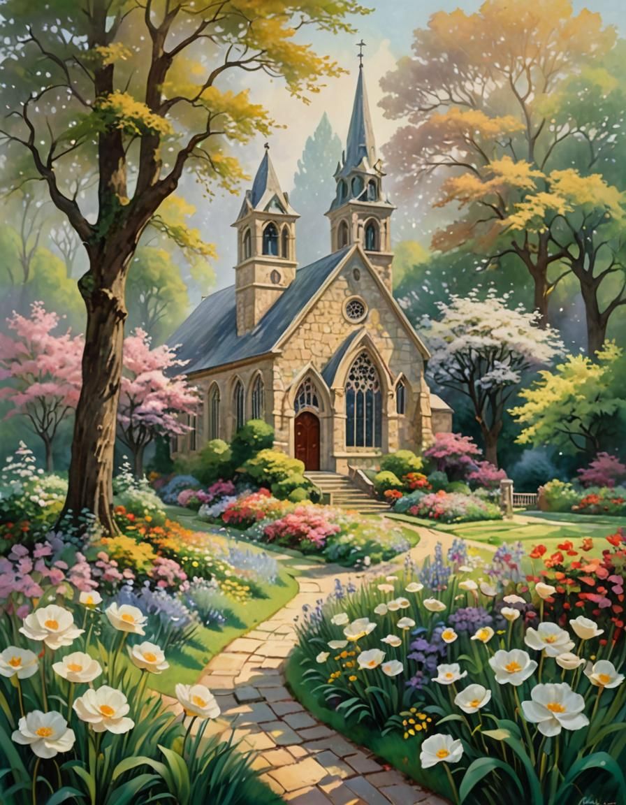 Serene Country Church in Impressionistic Style