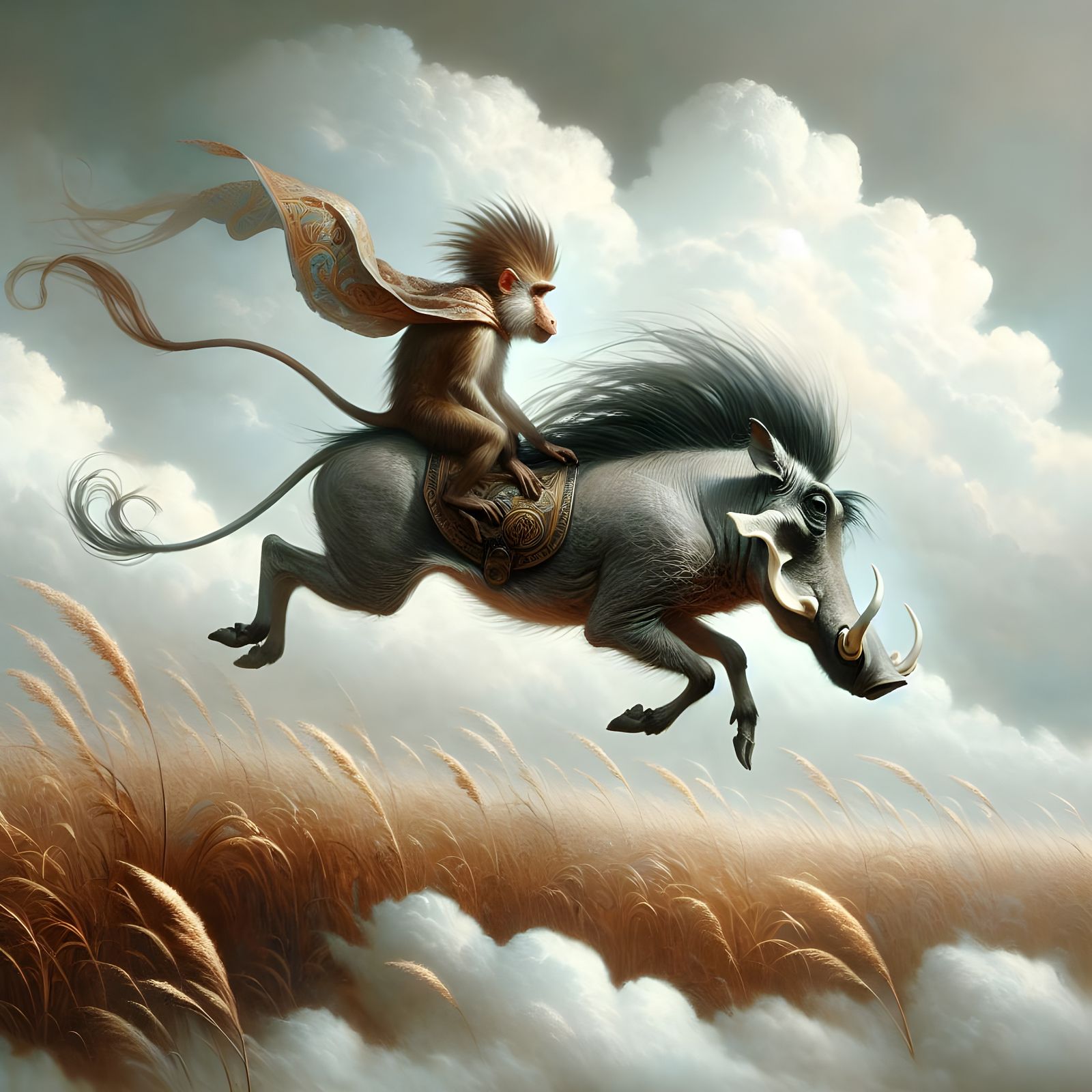 Monkey Rides Warthog Through Clouds: Romantic Oil Painting