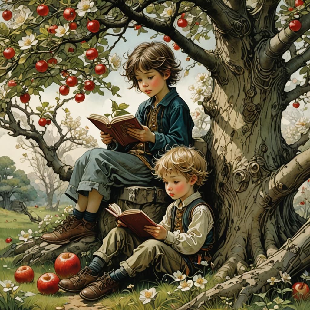 Siblings Reading Under Apple Tree in Fantasy Art Style