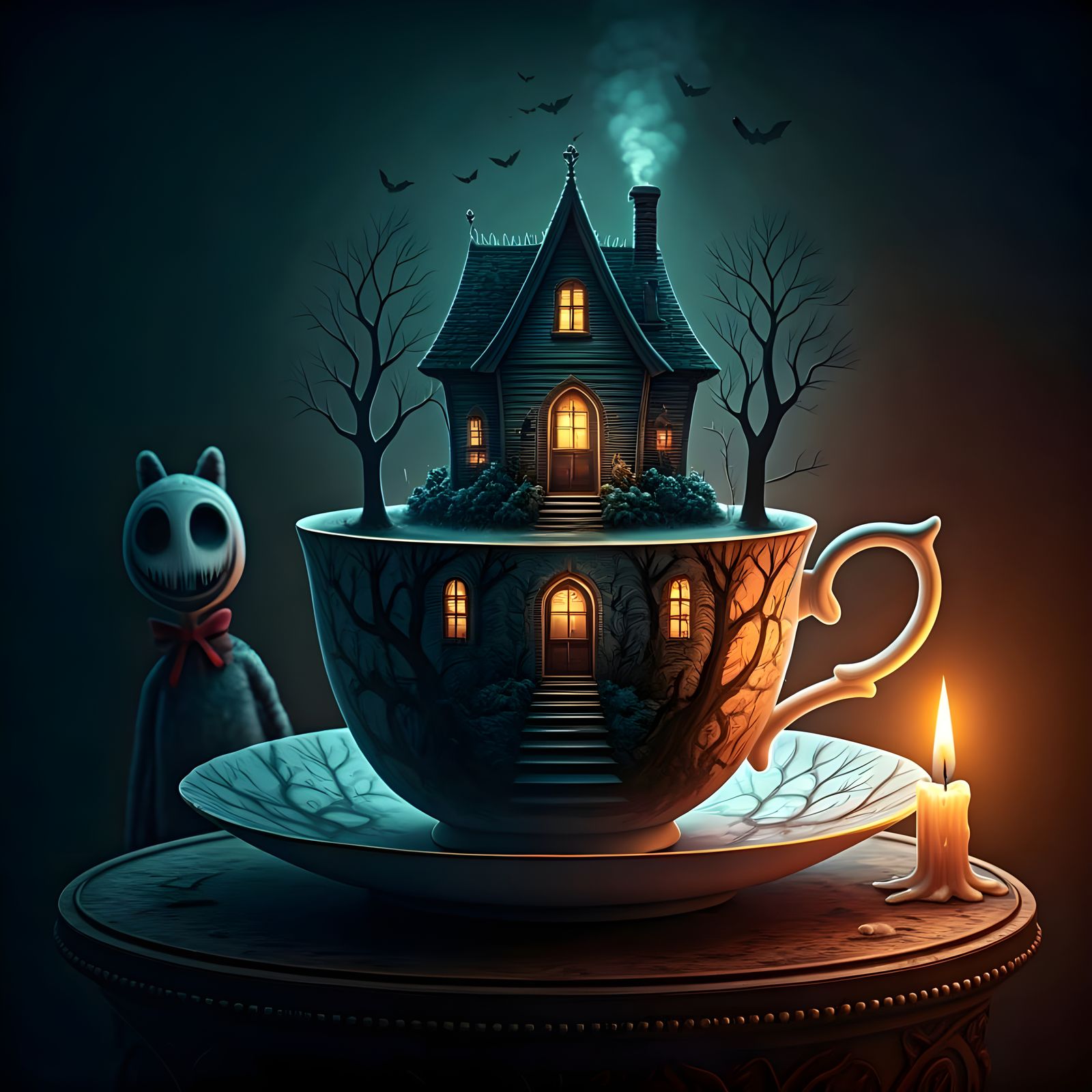 Eerie Teacup with Gothic House, in 3D